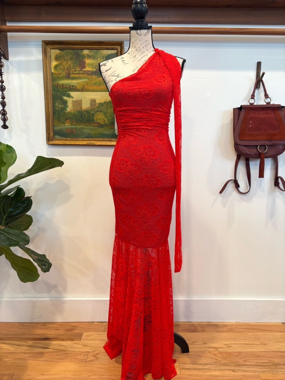 Kaiia Red Lace One Shoulder Maxi Dress NWT Ruched Mermaid Formal